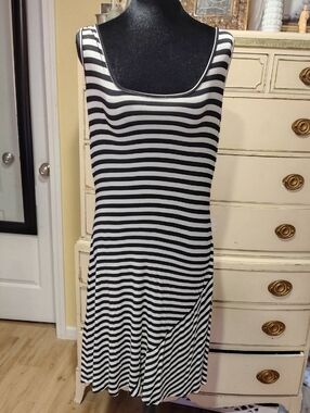 Calvin Klein Black and White Striped Asymmetrical Dress